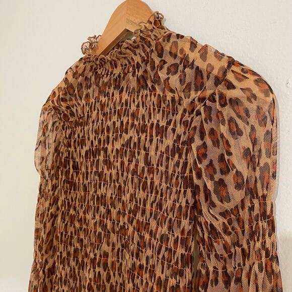 Free People Hello There Mesh Smocked Top Leopard Size Small - Picture 6 of 12